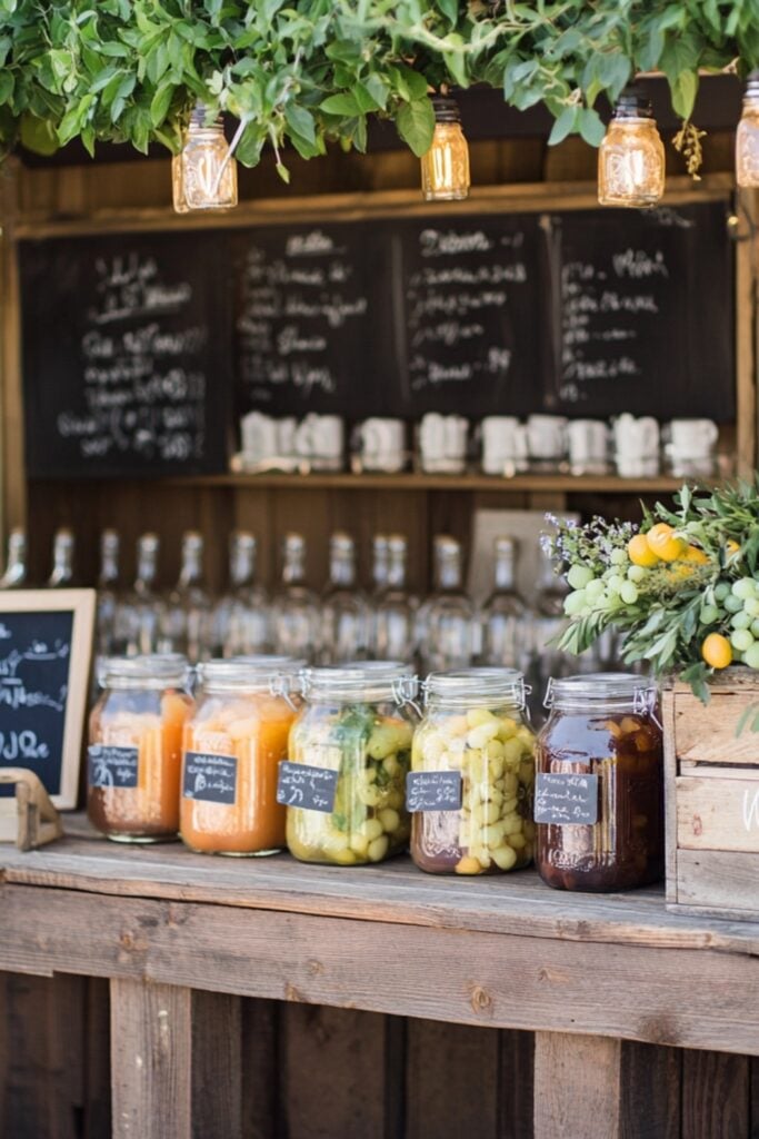 A rustic wooden beverage bar decorated with mason jar dispensers, chalkboard labels, vintage crates, and fresh greenery for a charming setup.