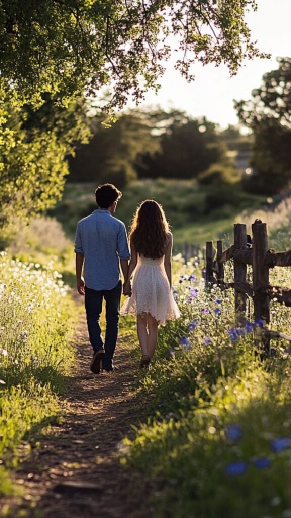 A couple walking hand-in-hand down a dirt path, framed by rustic elements like wooden fences and wildflowers, evoking a country vibe.