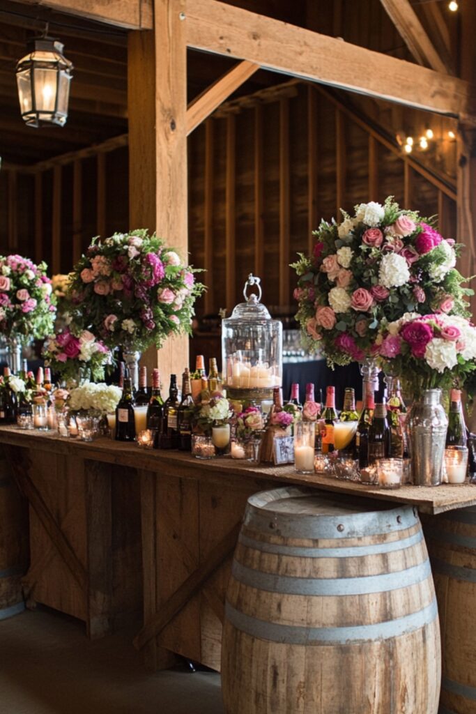 Rustic wedding venue adorned with burlap accents, floral wreaths, lanterns, and wooden barrels serving as decorative drink stands.