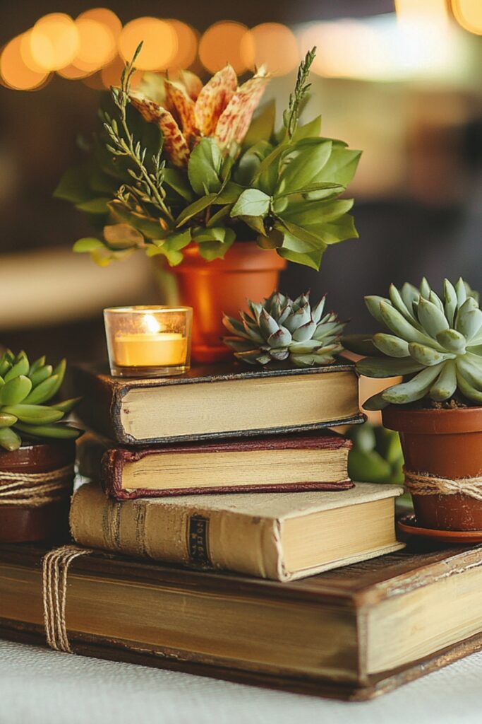 Rustic centerpiece idea with stacked antique books, succulents in small pots, twine-wrapped candles, and a wooden crate filled with seasonal blooms.