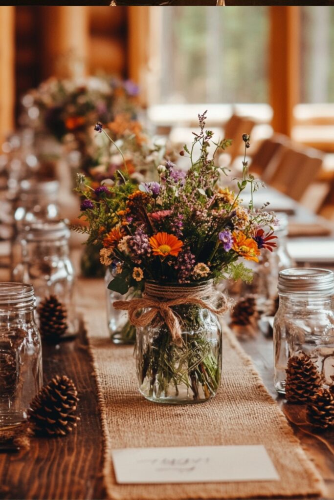 A rustic wedding table decorated with burlap runners, wildflower-filled mason jars, wooden placemats, and scattered pinecones, creating a cozy and natural aesthetic.