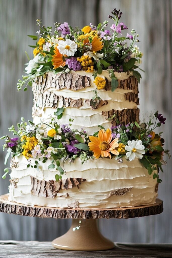 A rustic-style wedding cake with textured buttercream resembling tree bark, decorated with fresh flowers, herbs, and a honey drizzle, ideal for outdoor spring weddings.