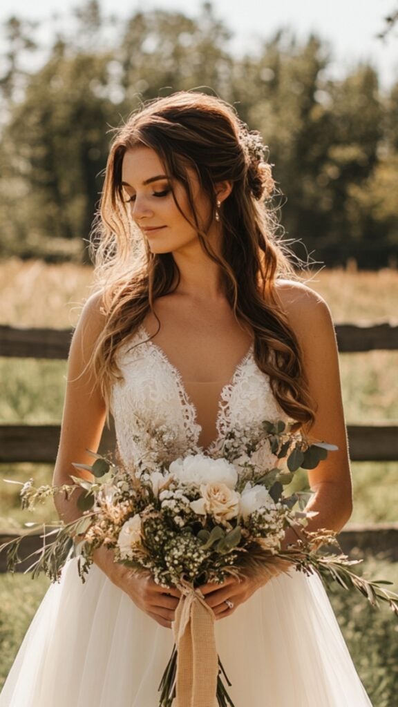 A bride wearing a rustic-inspired A-line dress with a lace bodice and soft tulle skirt, holding a bouquet tied with a burlap ribbon, standing near a wooden fence in a backyard.