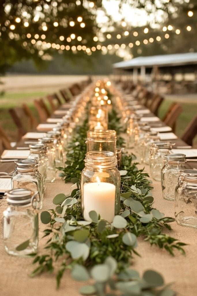 Rustic wedding table with burlap runner, greenery garland, candles in mason jars, and vintage tableware set outdoors.