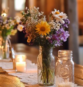 Rustic centerpiece idea with stacked antique books, succulents in small pots, twine-wrapped candles, and a wooden crate filled with seasonal blooms.