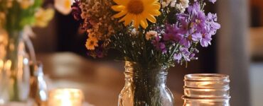 Rustic centerpiece idea with stacked antique books, succulents in small pots, twine-wrapped candles, and a wooden crate filled with seasonal blooms.