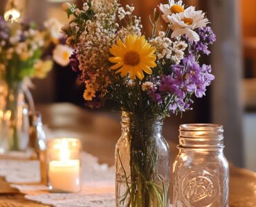 Rustic centerpiece idea with stacked antique books, succulents in small pots, twine-wrapped candles, and a wooden crate filled with seasonal blooms.