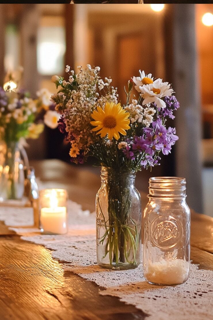 Rustic centerpiece idea with stacked antique books, succulents in small pots, twine-wrapped candles, and a wooden crate filled with seasonal blooms.