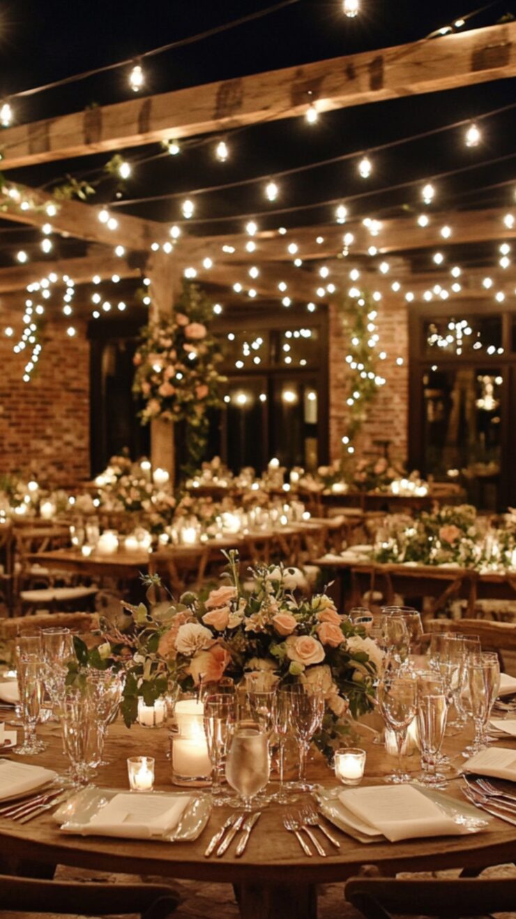 An elegant rustic wedding venue adorned with warm string lights and natural wooden elements, creating a cozy and romantic atmosphere for the celebration.