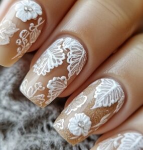 Flat lay of rustic wedding nails featuring earthy tones, lace patterns, and nature-inspired accents, perfect for brides, bridesmaids, and guests.