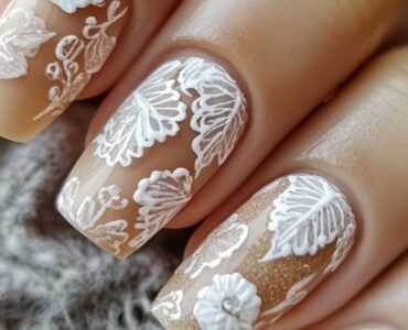 Flat lay of rustic wedding nails featuring earthy tones, lace patterns, and nature-inspired accents, perfect for brides, bridesmaids, and guests.