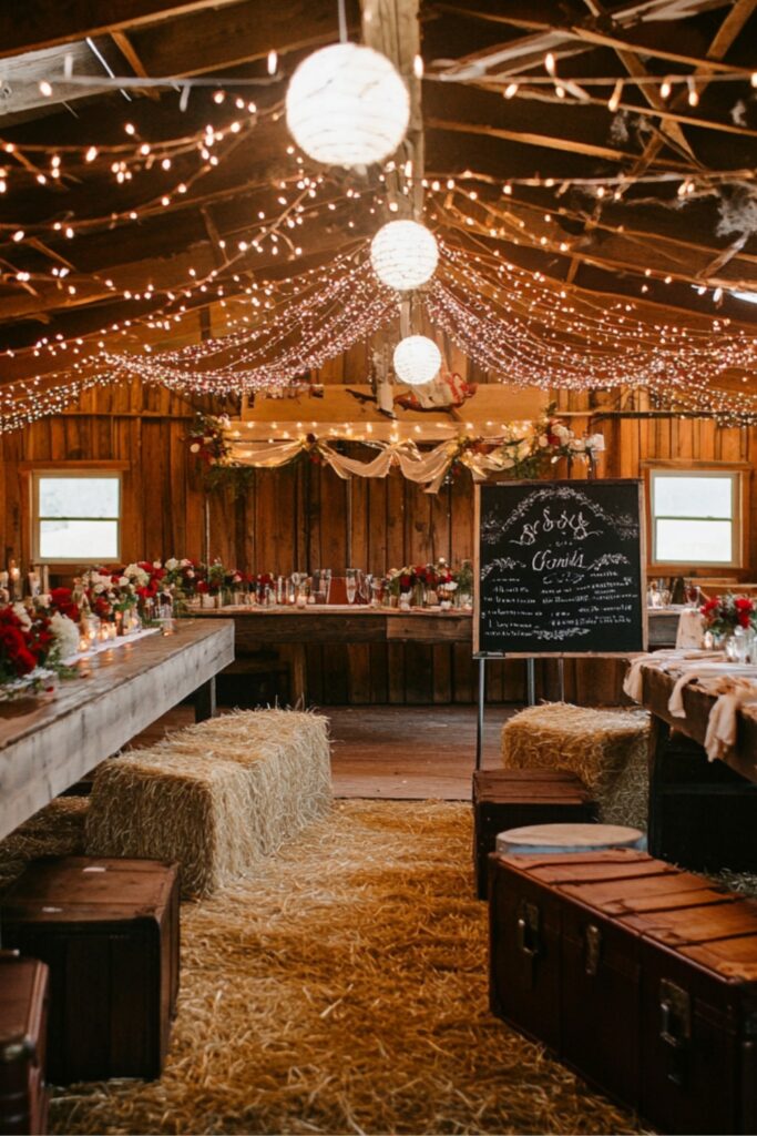 Rustic reception setup with string lights draped across wooden beams, hay bales as seating, a chalkboard menu, and vintage suitcases for added charm.