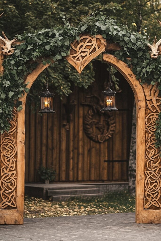 A rustic wooden arch with carved Norse runes, draped with ivy and adorned with antlers and lanterns, perfect for Viking wedding decor ideas.