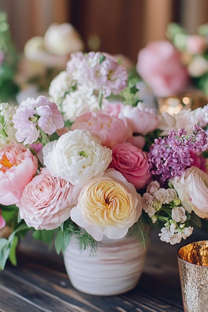 A spring wedding table adorned with centerpieces of peonies, lilacs, and ranunculus in pastel shades, arranged in rustic vases and complemented by fresh greenery.
