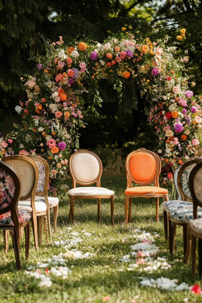 An outdoor wedding ceremony setup featuring mismatched vintage chairs arranged in semicircles around a floral altar.