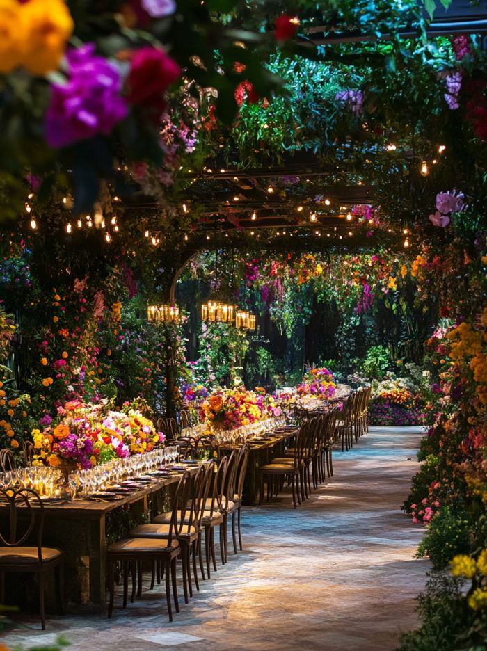 Enchanting secret garden wedding reception with vibrant flowers, winding pathways, and soft lighting creating a secluded, romantic atmosphere.