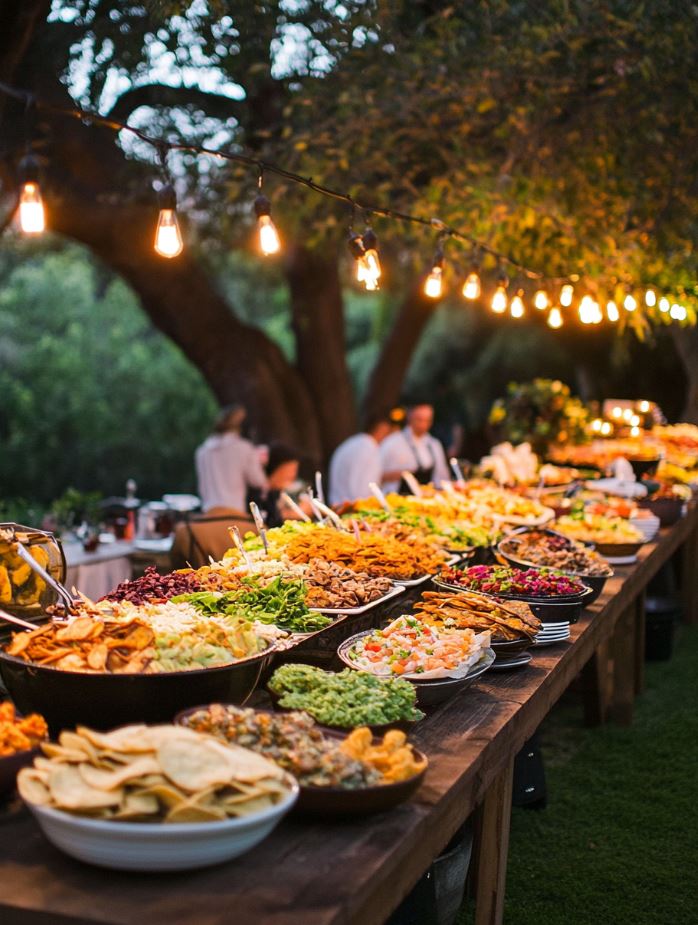 A variety of food stations, such as a taco bar and buffet, at a backyard wedding reception, offering guests a relaxed and interactive dining experience.
