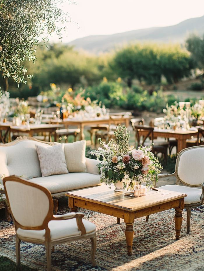 Comfortable and inviting seating arrangements with cushioned chairs, lounge furniture, and wooden tables set up for guests at a backyard wedding reception.