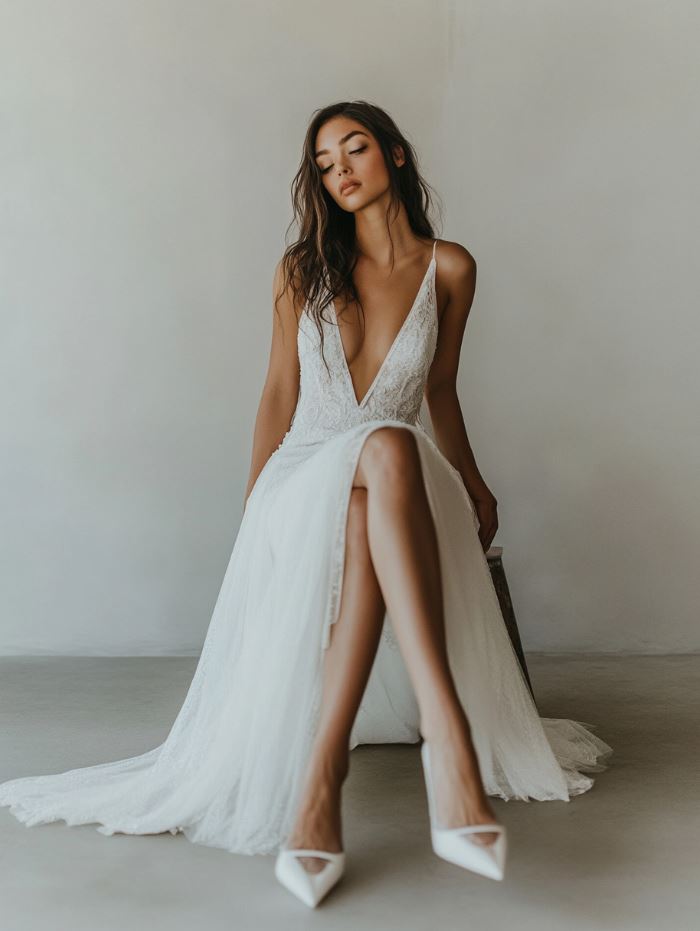 A wedding dress with a dramatic high slit, paired with sleek A-line or mermaid silhouettes. The gown showcases boldness and elegance, allowing for movement and highlighting statement heels. The design blends modern style with romantic details like lace or chiffon, creating a refined, chic bridal look.