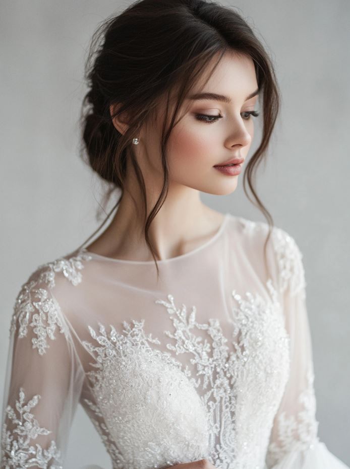 A sheer wedding dress featuring illusion lace sleeves and a sheer neckline adorned with intricate beadwork. The delicate, ethereal gown offers a balance of modesty and allure, perfect for brides looking to combine timeless elegance with a subtle, seductive touch.