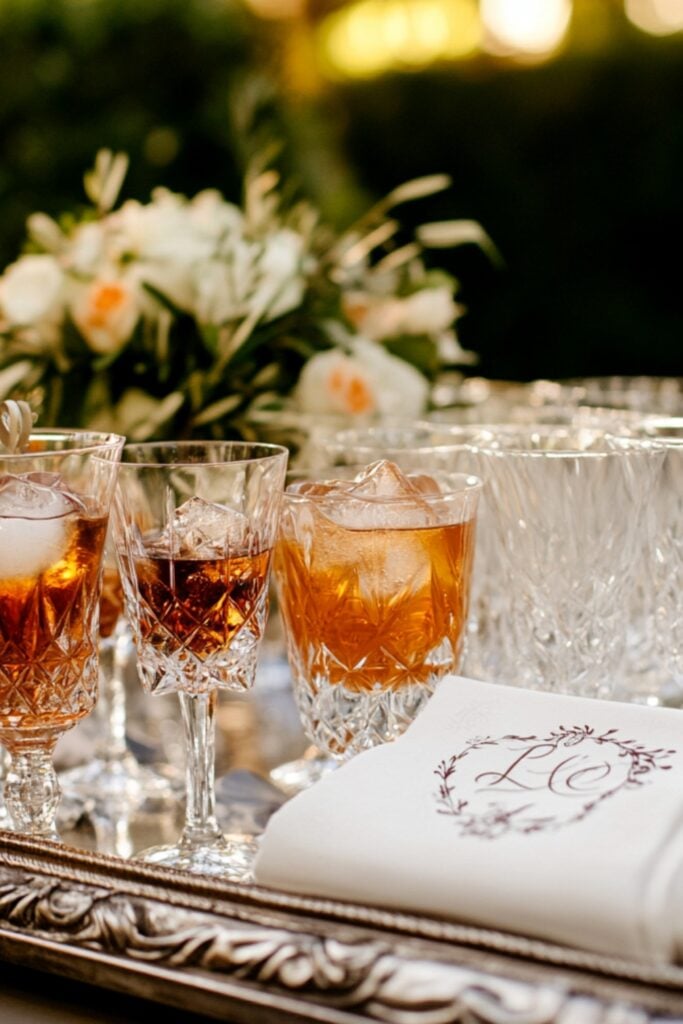 A tray of classic cocktails like Old Fashioneds and Martinis, served in antique glassware with monogrammed cocktail napkins.