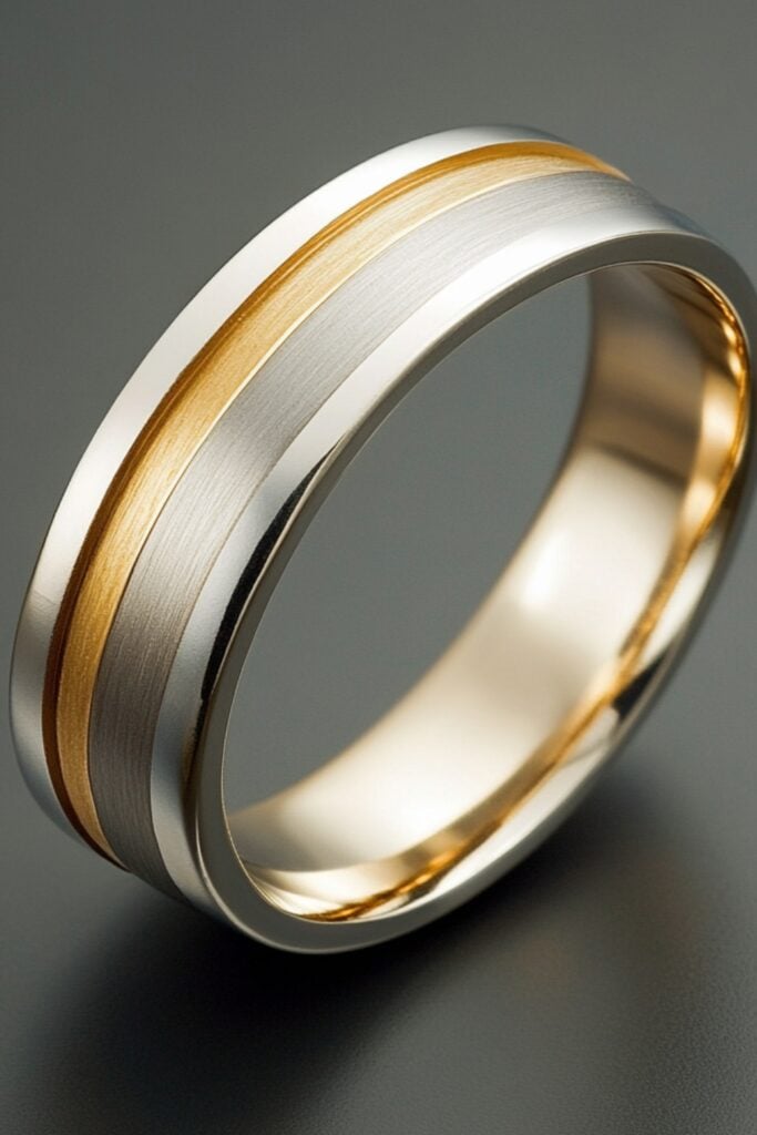 A dual-tone silver and gold wedding band, illustrating a modern blend of contrasting metals for a unique look.
