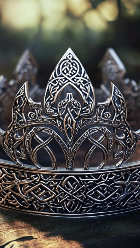 A silver Viking bridal crown adorned with detailed Nordic patterns and protective runes, representing purity and ancestral connections for a bride’s special day.