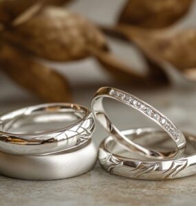 An assortment of silver wedding rings, representing timeless designs and a symbol of enduring love for couples.