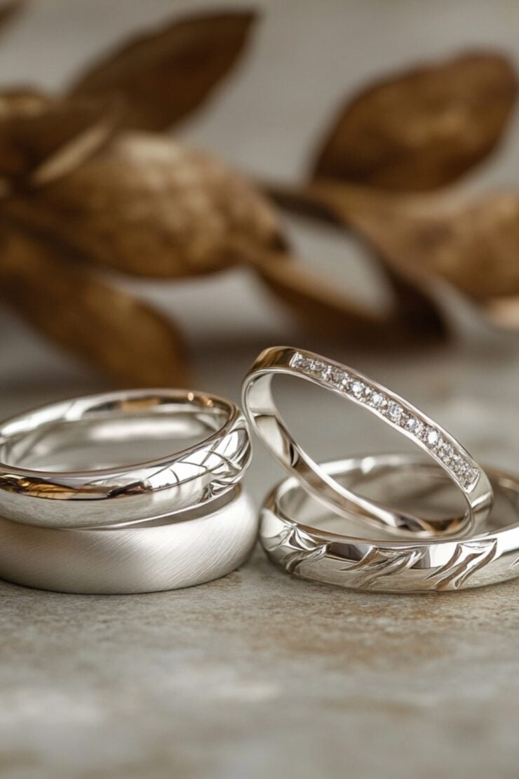 An assortment of silver wedding rings, representing timeless designs and a symbol of enduring love for couples.