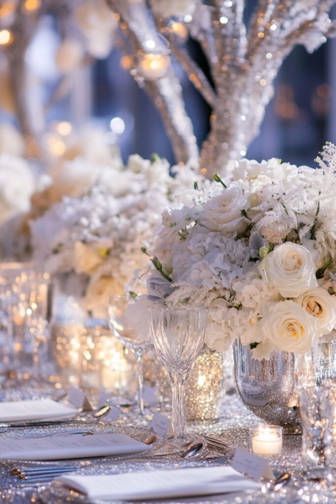 A winter-inspired February wedding setup with silver table settings, white floral arrangements, and shimmering decor for a frosty, elegant vibe.