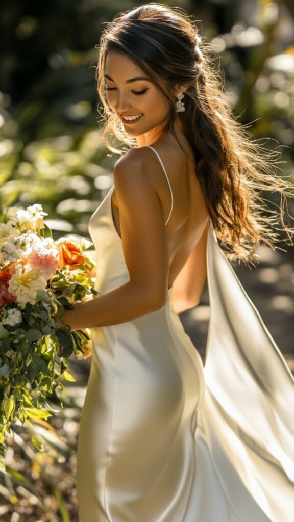 A bride in a sleek satin slip dress with spaghetti straps, walking gracefully through a garden setting, accessorized with minimal jewelry and holding a bold bouquet of flowers.
