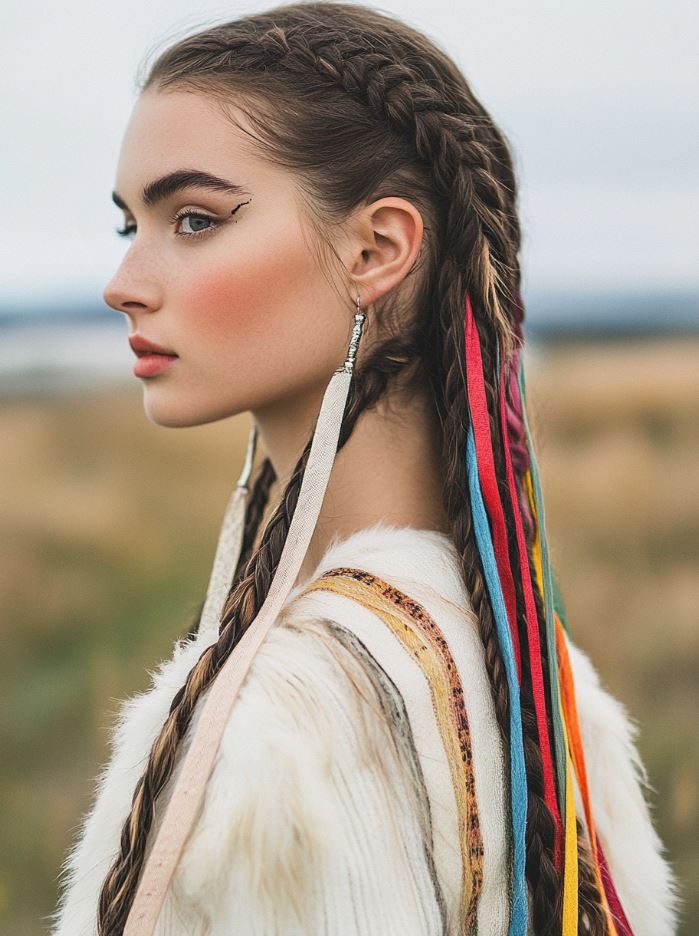 Minimalist tied-back braids accented with colorful ribbons, reflecting Nordic symbolism for an understated yet authentic Viking bridal hairstyle.