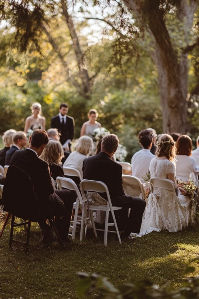  A small, intimate wedding ceremony with close friends and family seated in a cozy outdoor setting.