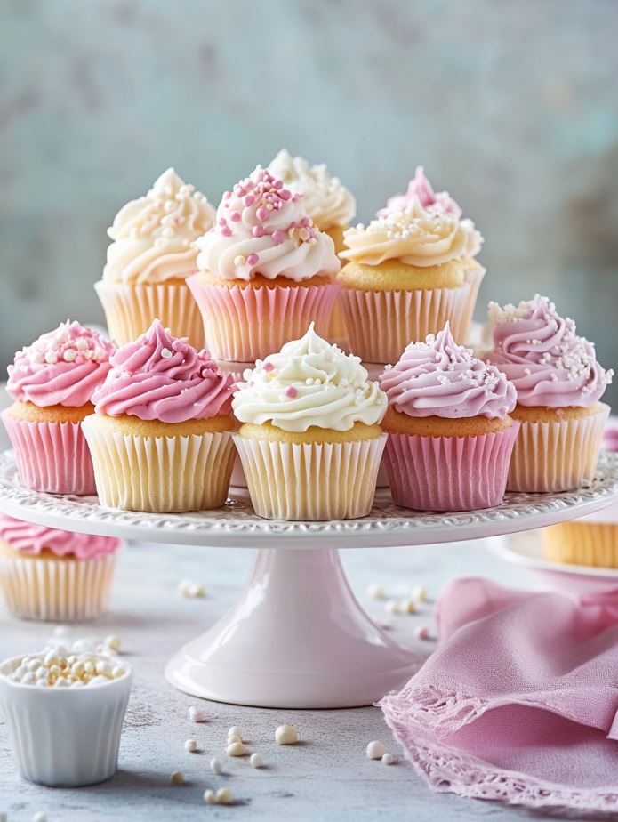 A display of beautifully arranged wedding cupcakes, offering a fun and budget-friendly alternative to a traditional wedding cake for guests to enjoy.