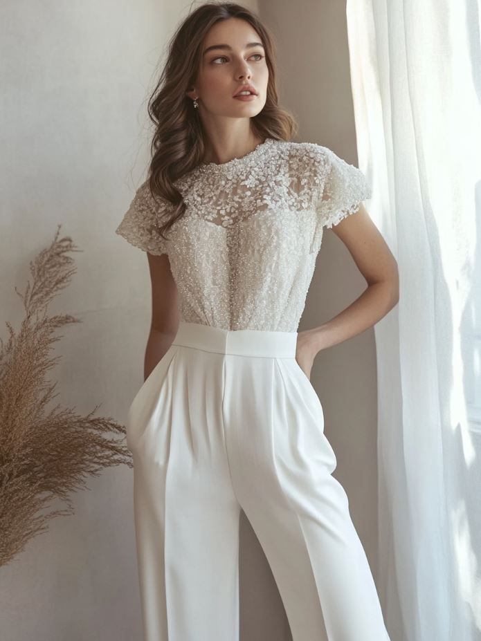 A modern bridal jumpsuit with wide-leg trousers and delicate beaded details, offering a chic, fashionable alternative to traditional wedding dresses. Paired with stylish separates like a cropped lace top and sleek skirt, this look is perfect for brides who want to break away from tradition while maintaining elegance.