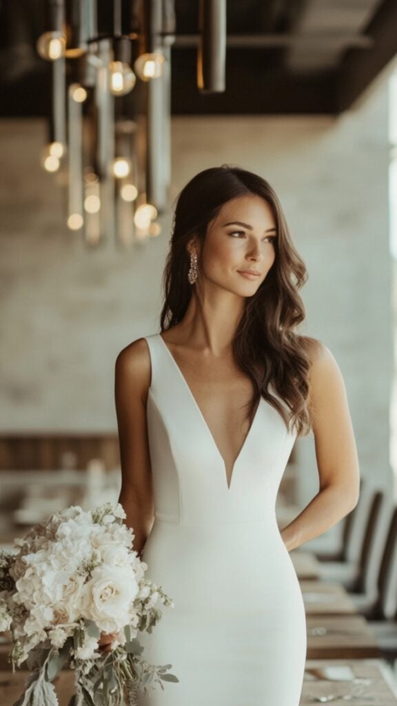 A bride wearing a minimalist sheath wedding dress with a clean silhouette, standing in a chic, modern venue.