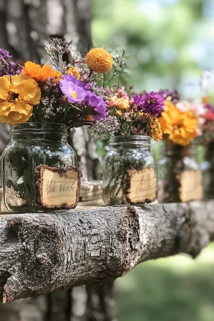 DIY rustic wedding décor featuring repurposed jars with flowers, hand-painted wooden signs, and garlands made from dried flowers for a budget-friendly celebration.