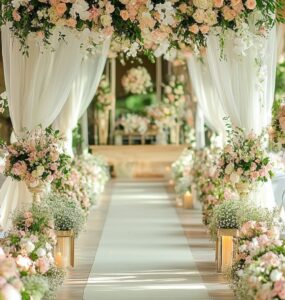 An idyllic spring wedding scene featuring a beautifully decorated aisle with fresh flowers, soft pastel colors, and elegant rustic accents, evoking a sense of renewal and seasonal charm. Perfect for both outdoor garden settings and indoor venues, showcasing inspiration for a magical and memorable ceremony atmosphere.