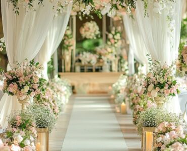 An idyllic spring wedding scene featuring a beautifully decorated aisle with fresh flowers, soft pastel colors, and elegant rustic accents, evoking a sense of renewal and seasonal charm. Perfect for both outdoor garden settings and indoor venues, showcasing inspiration for a magical and memorable ceremony atmosphere.