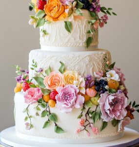A beautifully decorated spring wedding cake featuring delicate floral designs, vibrant colors, and fresh, fruity accents, perfect for celebrating new beginnings.