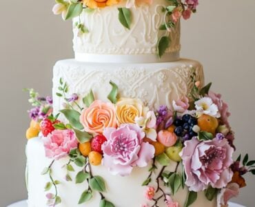 A beautifully decorated spring wedding cake featuring delicate floral designs, vibrant colors, and fresh, fruity accents, perfect for celebrating new beginnings.