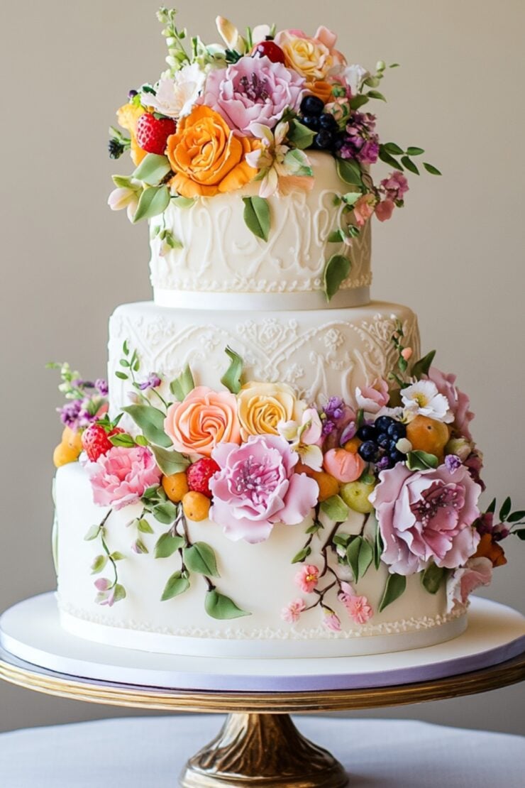 A beautifully decorated spring wedding cake featuring delicate floral designs, vibrant colors, and fresh, fruity accents, perfect for celebrating new beginnings.