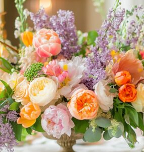 A vibrant spring wedding setup featuring fresh floral arrangements in pastel and bold hues, showcasing tulips, lilacs, and other seasonal blooms that create a romantic and colorful atmosphere.