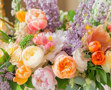 A vibrant spring wedding setup featuring fresh floral arrangements in pastel and bold hues, showcasing tulips, lilacs, and other seasonal blooms that create a romantic and colorful atmosphere.