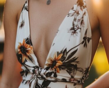 A wedding guest wearing a spring dress.