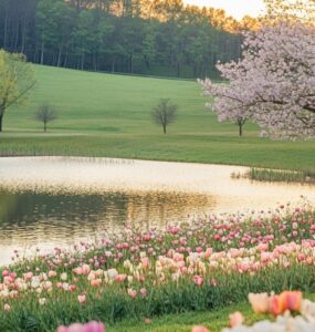 A picturesque spring setting featuring vibrant flower fields, a serene lakeside, and blooming trees, symbolizing the romantic essence of spring wedding proposal ideas.