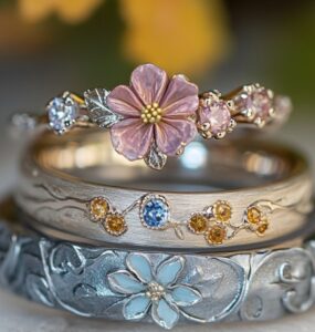 spring wedding rings featuring floral engravings, pastel gemstones, and elegant designs, symbolizing renewal, growth, and blossoming love.