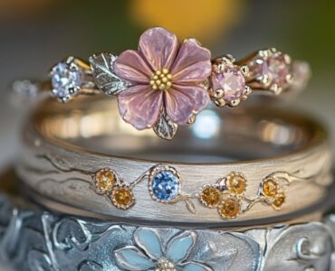 spring wedding rings featuring floral engravings, pastel gemstones, and elegant designs, symbolizing renewal, growth, and blossoming love.