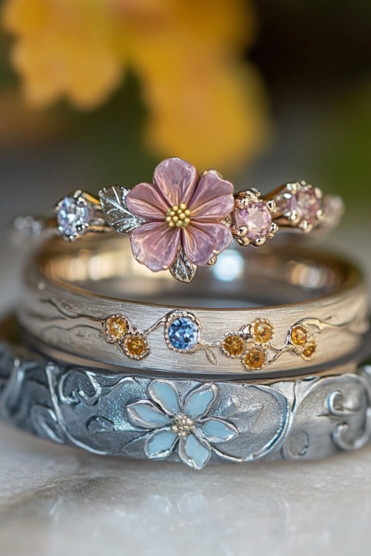 spring wedding rings featuring floral engravings, pastel gemstones, and elegant designs, symbolizing renewal, growth, and blossoming love.