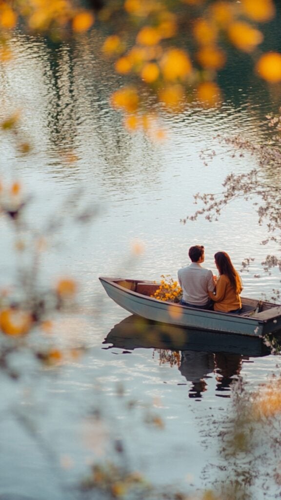 A couple on a small boat surrounded by spring foliage, with a picturesque moment of a lakeside proposal.